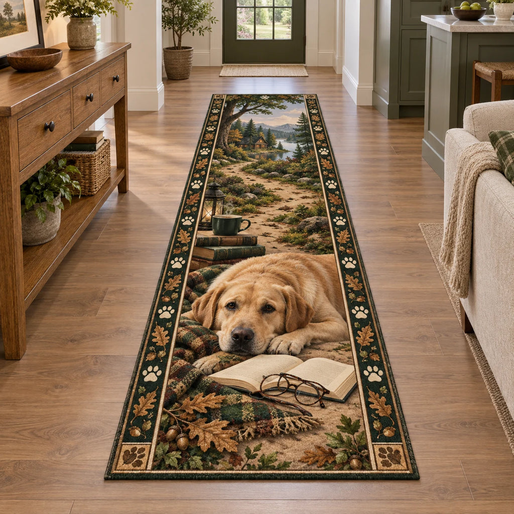 Yellow Labrador Retriever runner rug with book, glasses and oak-leaf paw border