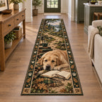 Yellow Labrador Retriever runner rug with book, glasses and oak-leaf paw border