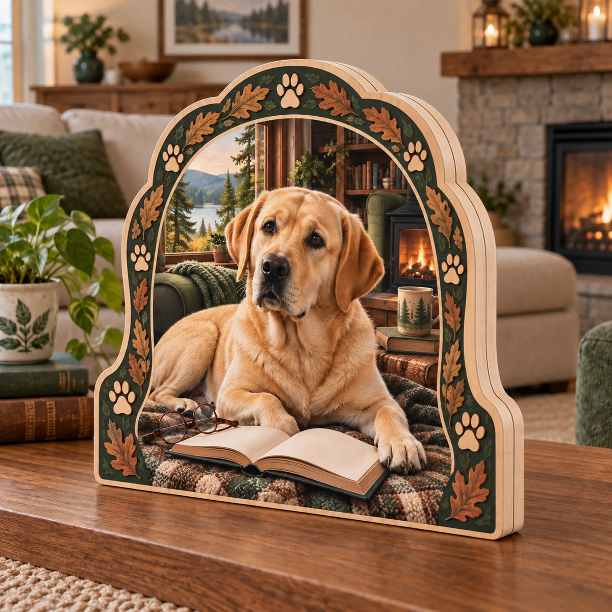 Yellow Labrador Retriever wooden block 3 layer with book, glasses and oak-leaf paw border