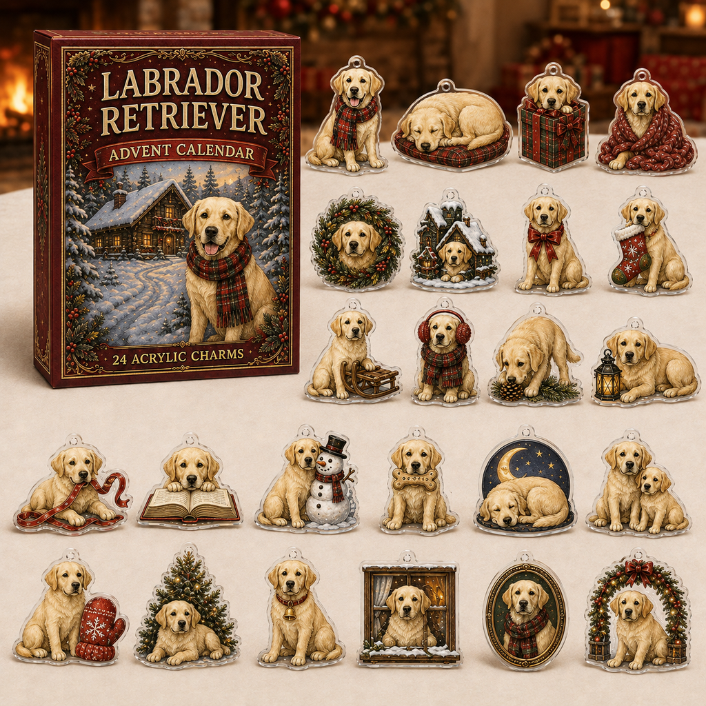 Labrador Retriever advent calendar box and full set of 24 illustrated acrylic charms on a light tabletop