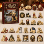 Labrador Retriever advent calendar box and full set of 24 illustrated acrylic charms on a light tabletop