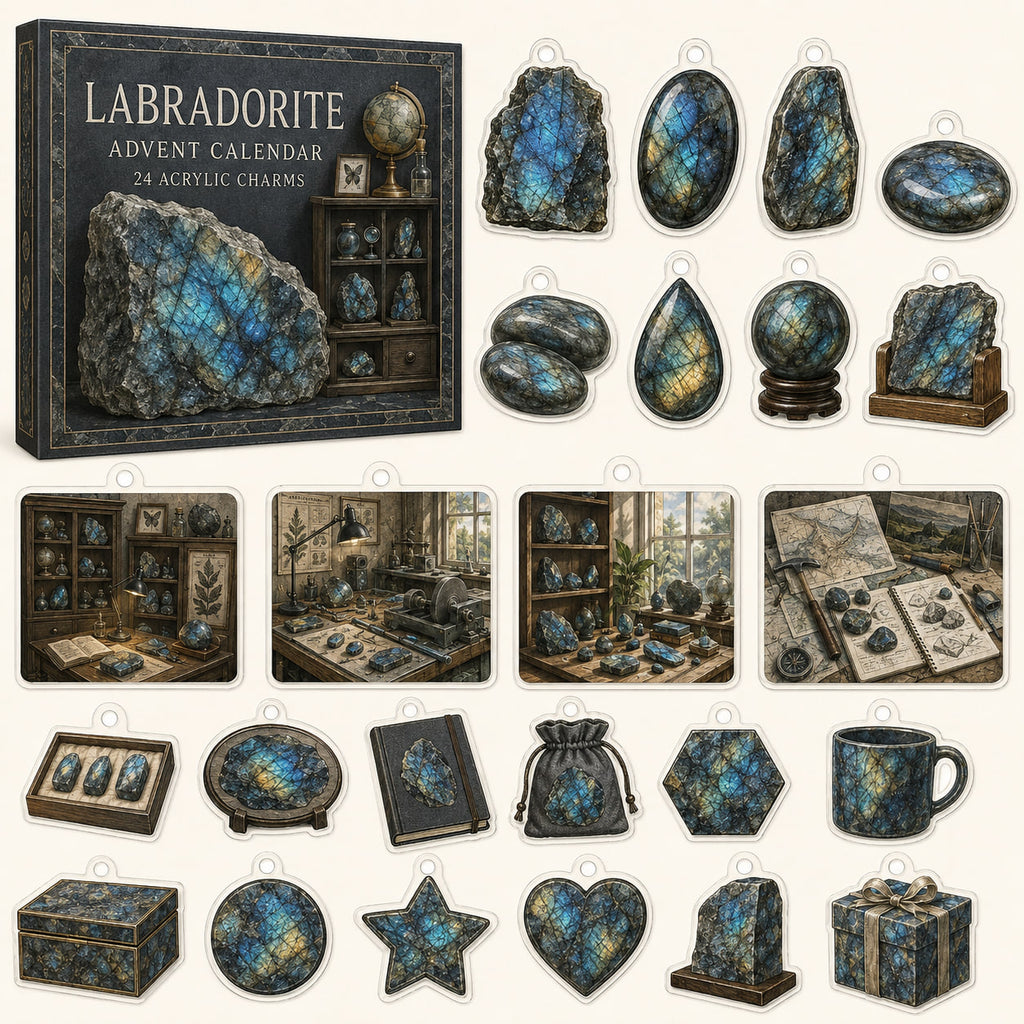 Labradorite advent calendar box and 24 mineral-themed printed acrylic charms