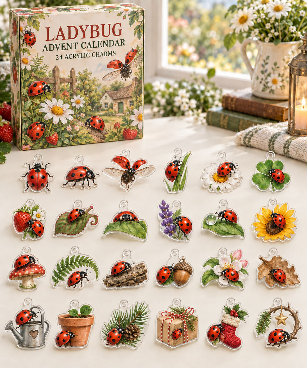 Ladybug advent calendar with 24 custom-shaped flat acrylic charms and printed dimensional artwork