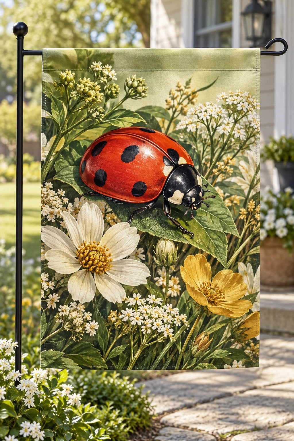 Ladybug Wildflower Landing Garden Flag with printed dimensional artwork