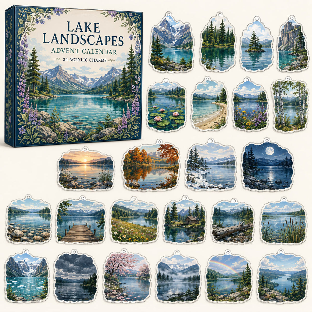 Lake Landscapes advent calendar box and24 printed acrylic landscape charms