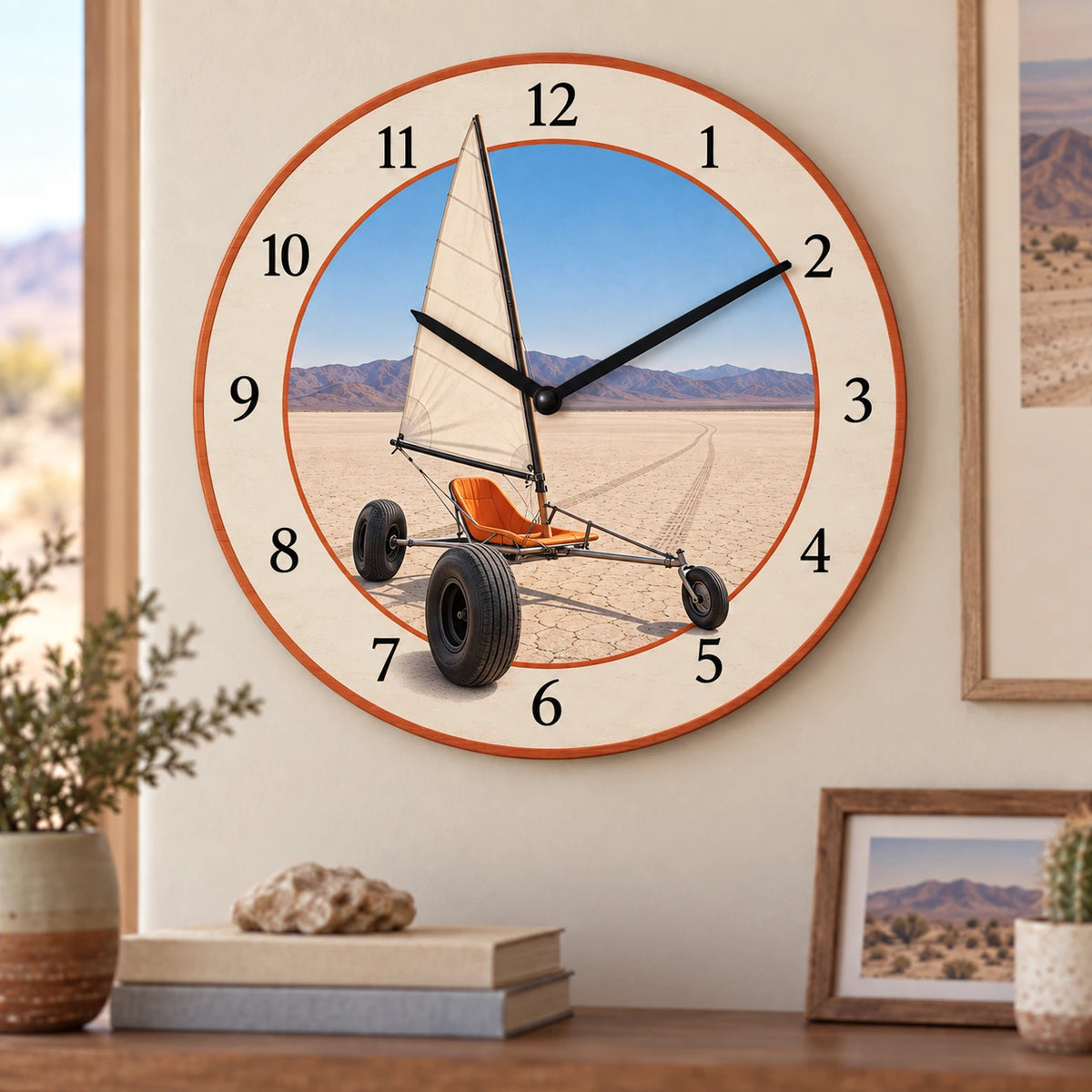 Land Sailing Dry Lake Wooden Wall Clock with original printed optical 3D artwork