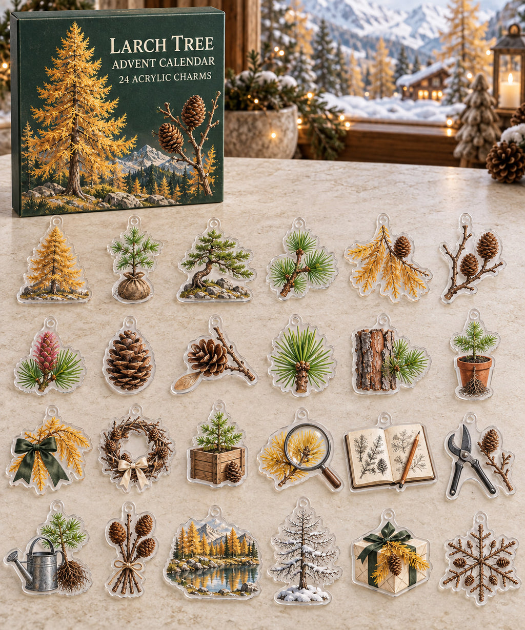 Larch Tree advent calendar with 24 custom-shaped flat acrylic charms and printed dimensional artwork