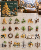 Larch Tree advent calendar with 24 custom-shaped flat acrylic charms and printed dimensional artwork
