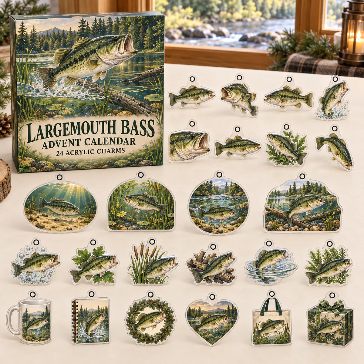 Largemouth Bass advent calendar box with 24 themed flat printed acrylic charms