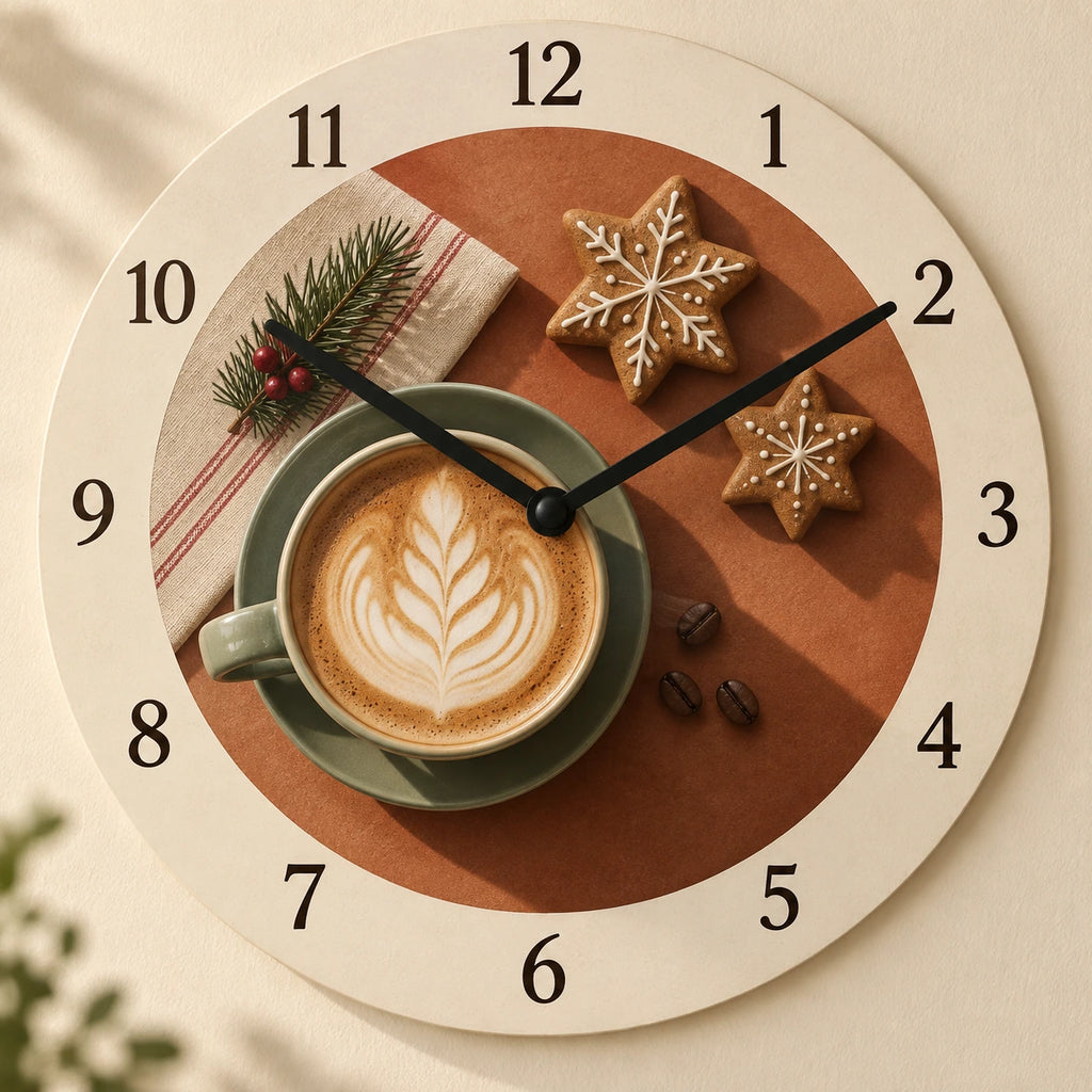 Latte Art Gingerbread Wooden Wall Clock with flat printed latte and gingerbread shadow depth