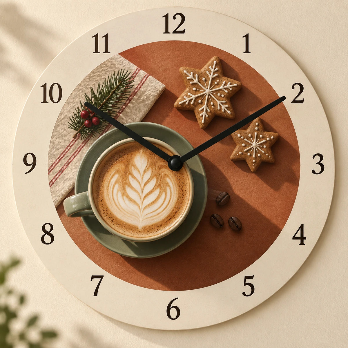 Latte Art Gingerbread Wooden Wall Clock with flat printed latte and gingerbread shadow depth