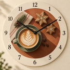 Latte Art Gingerbread Wooden Wall Clock with flat printed latte and gingerbread shadow depth