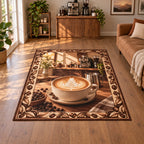 Latte art area rug with white rosetta foam in cream cup, steel pitcher, coffee beans and coordinated coffee nook.