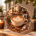 Latte art christmas ornament with white rosetta foam in cream cup, steel pitcher, coffee beans and coordinated coffee nook.