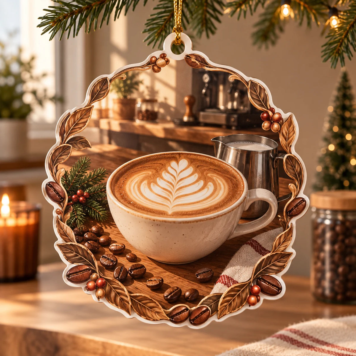 Latte art christmas ornament with white rosetta foam in cream cup, steel pitcher, coffee beans and coordinated coffee nook.