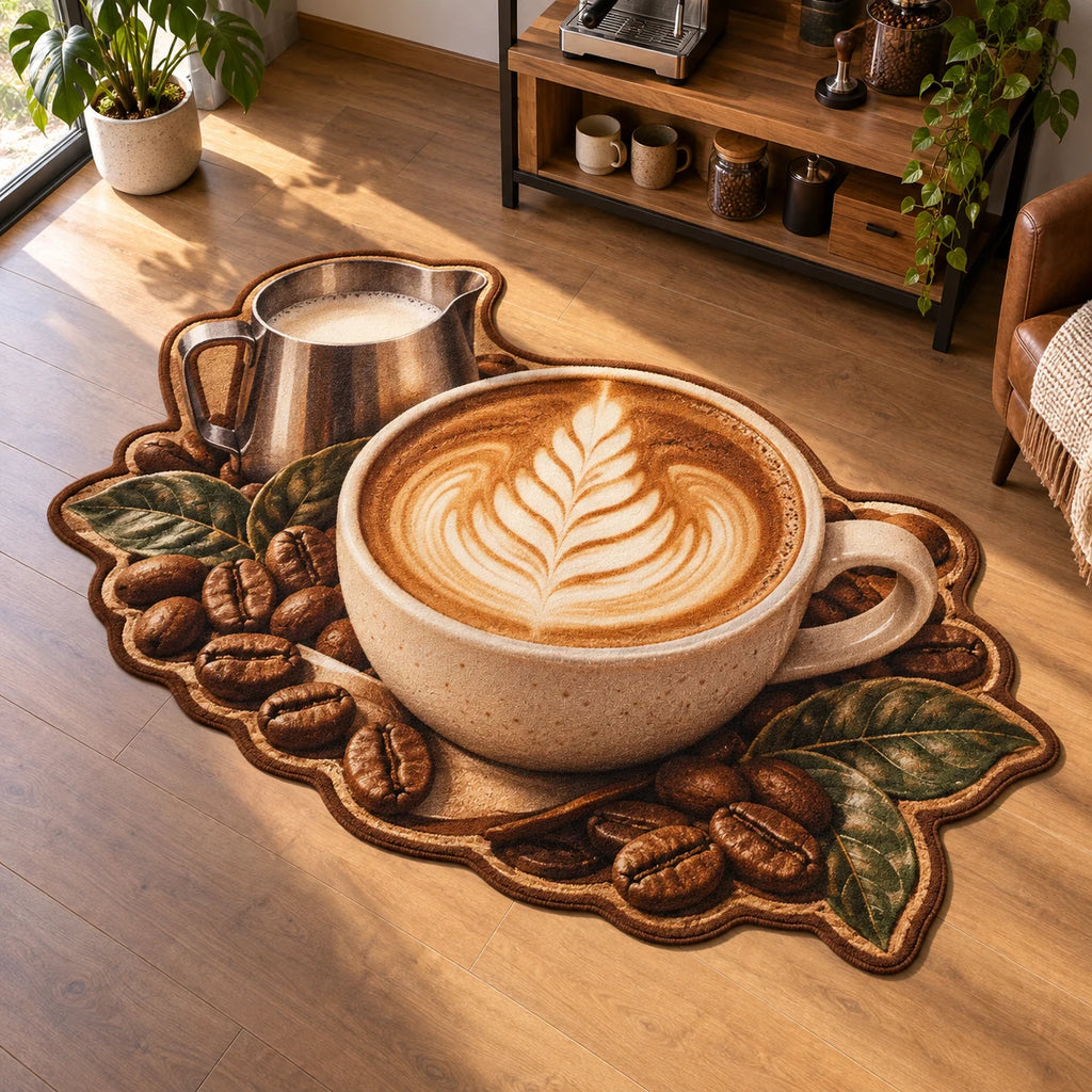Latte art custom shape area rug with white rosetta foam in cream cup, steel pitcher, coffee beans and coordinated coffee nook.