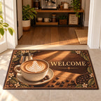 Latte art doormat with white rosetta foam in cream cup, steel pitcher, coffee beans and coordinated coffee nook.