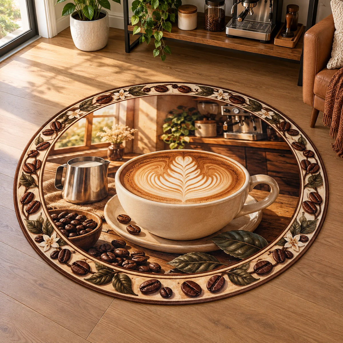 Latte art round mat rug with white rosetta foam in cream cup, steel pitcher, coffee beans and coordinated coffee nook.