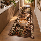 Latte art runner rug with white rosetta foam in cream cup, steel pitcher, coffee beans and coordinated coffee nook.