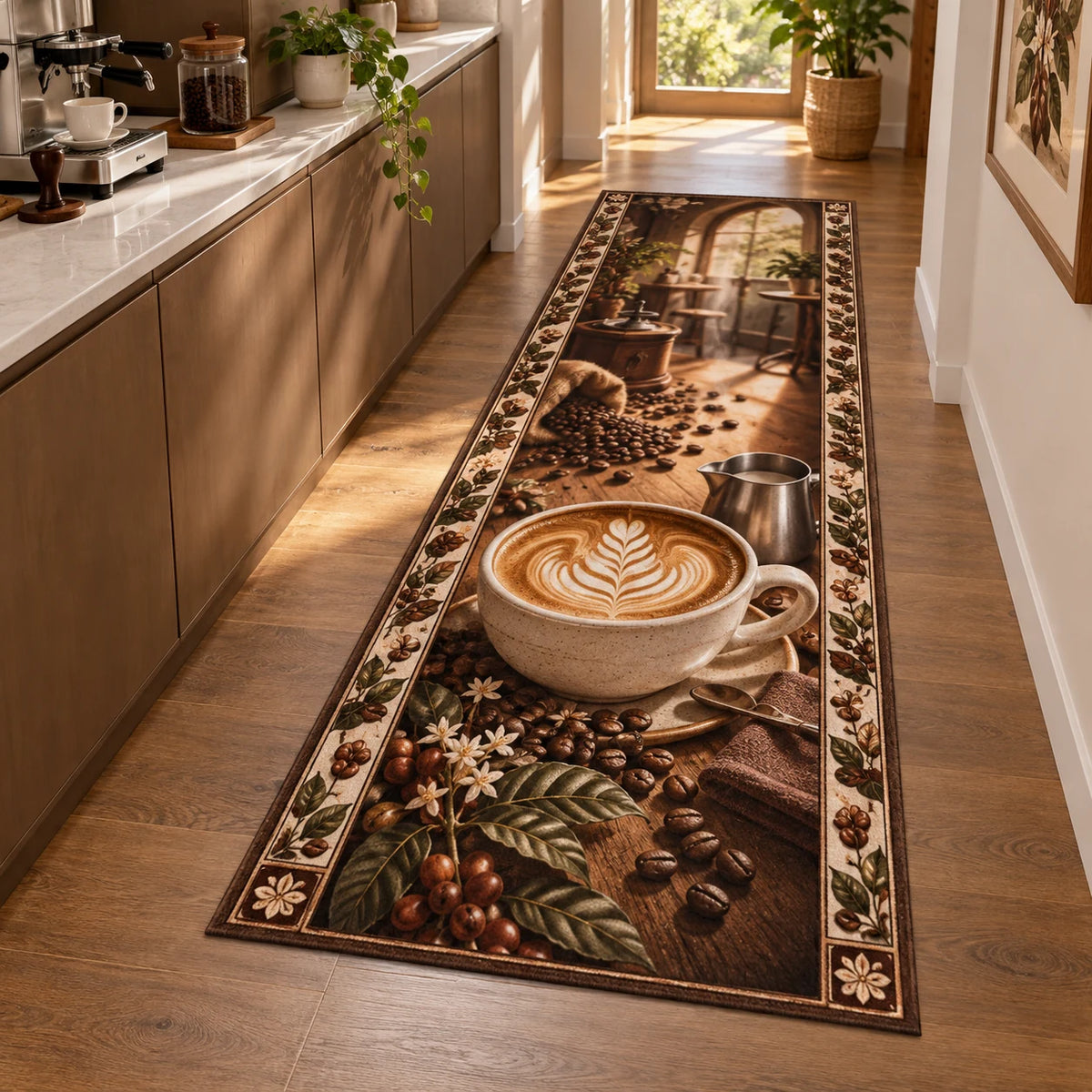 Latte art runner rug with white rosetta foam in cream cup, steel pitcher, coffee beans and coordinated coffee nook.