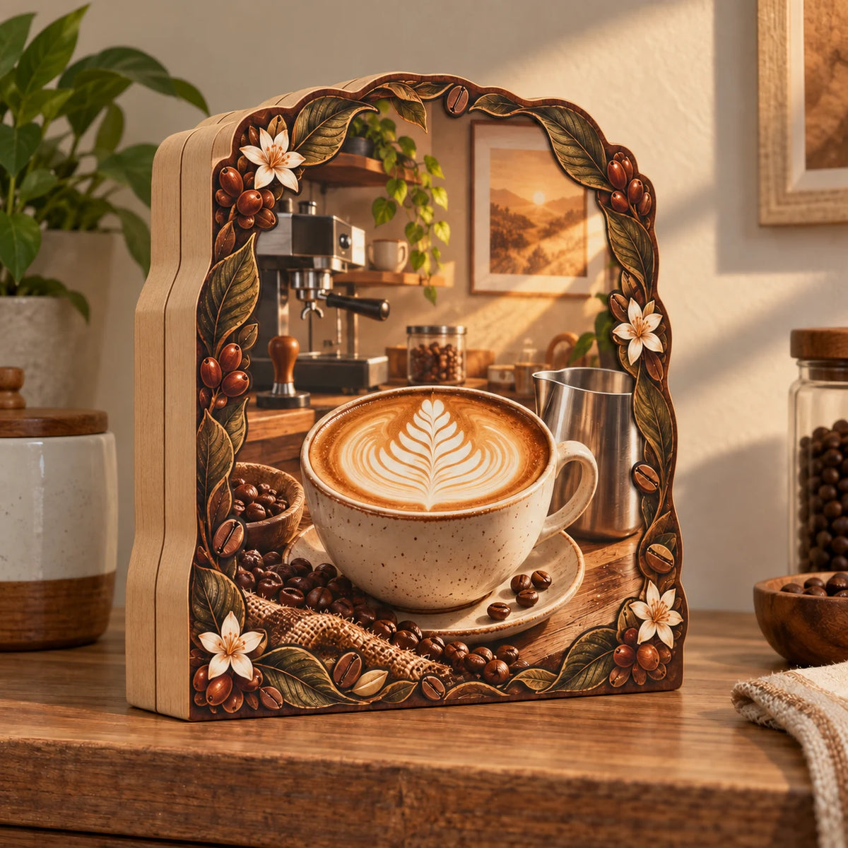 Latte art wooden block with white rosetta foam in cream cup, steel pitcher, coffee beans and coordinated coffee nook.