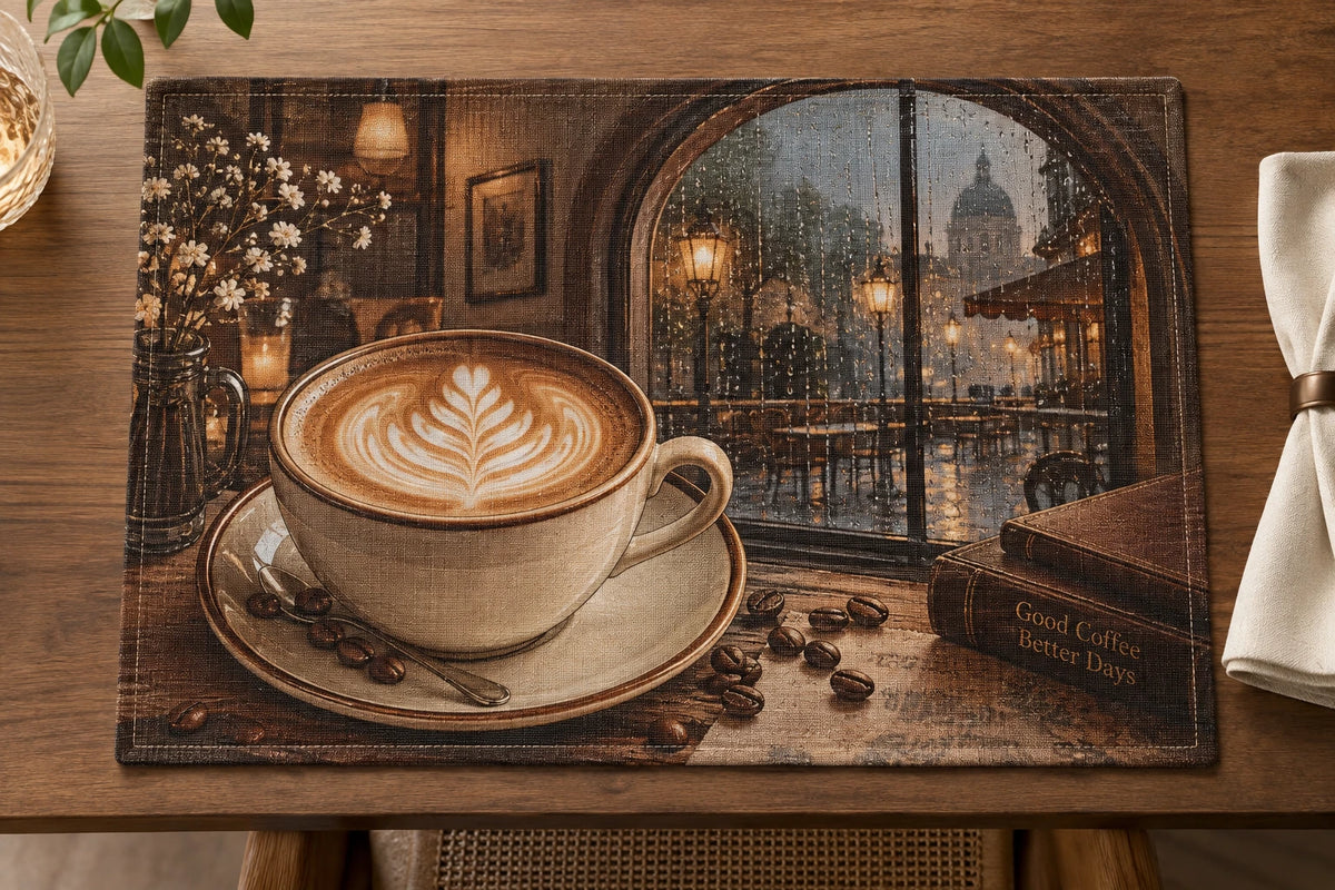 Latte Art Rainy Cafe Placemat with printed dimensional artwork