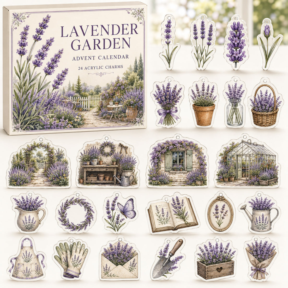 Lavender advent calendar box with 24 printed acrylic flower charms