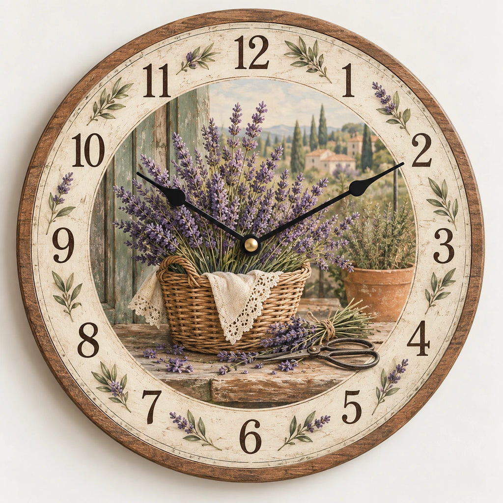 Lavender Harvest Basket Wooden Wall Clock with printed dimensional artwork