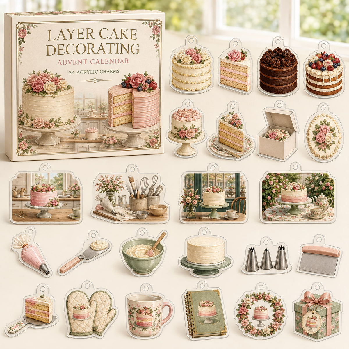 Layer Cake Decorating advent calendar box with24 themed printed acrylic charms