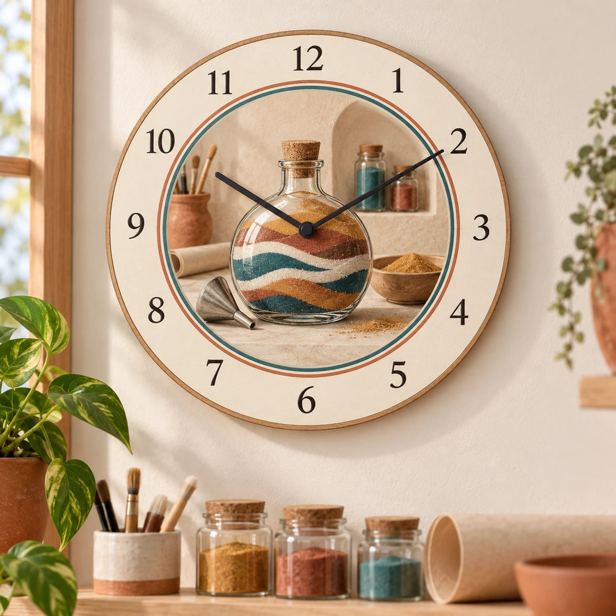 Layered Sand Bottle Wooden Wall Clock with original printed optical 3D artwork