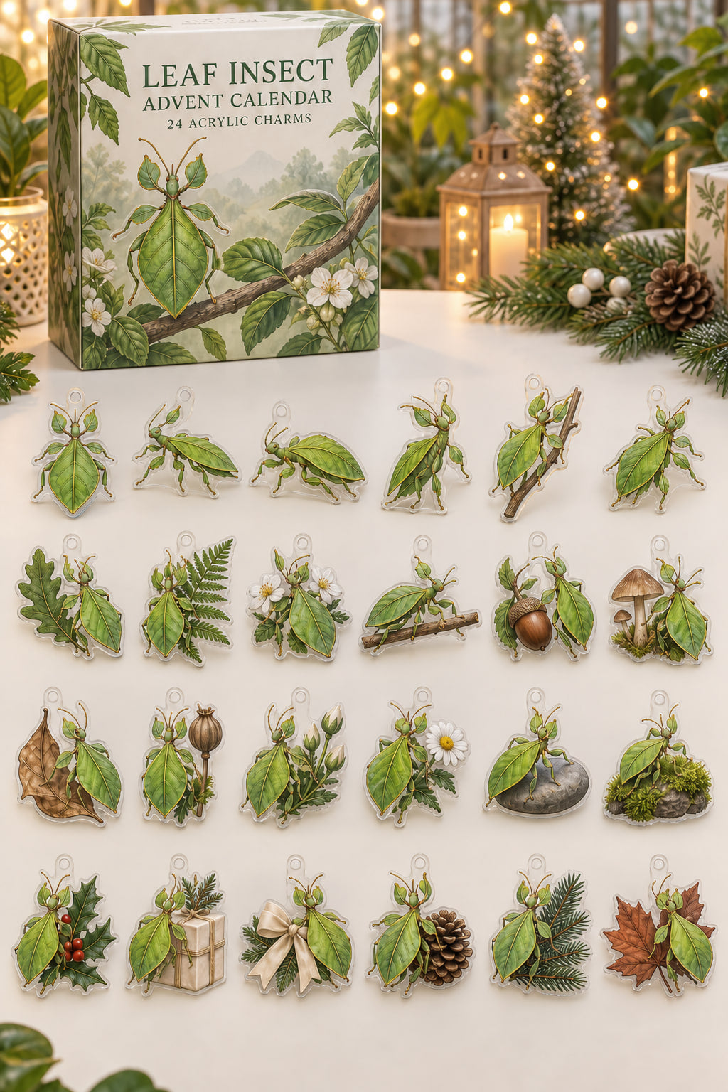 Leaf Insect advent calendar with 24 custom-shaped flat acrylic charms and printed dimensional artwork