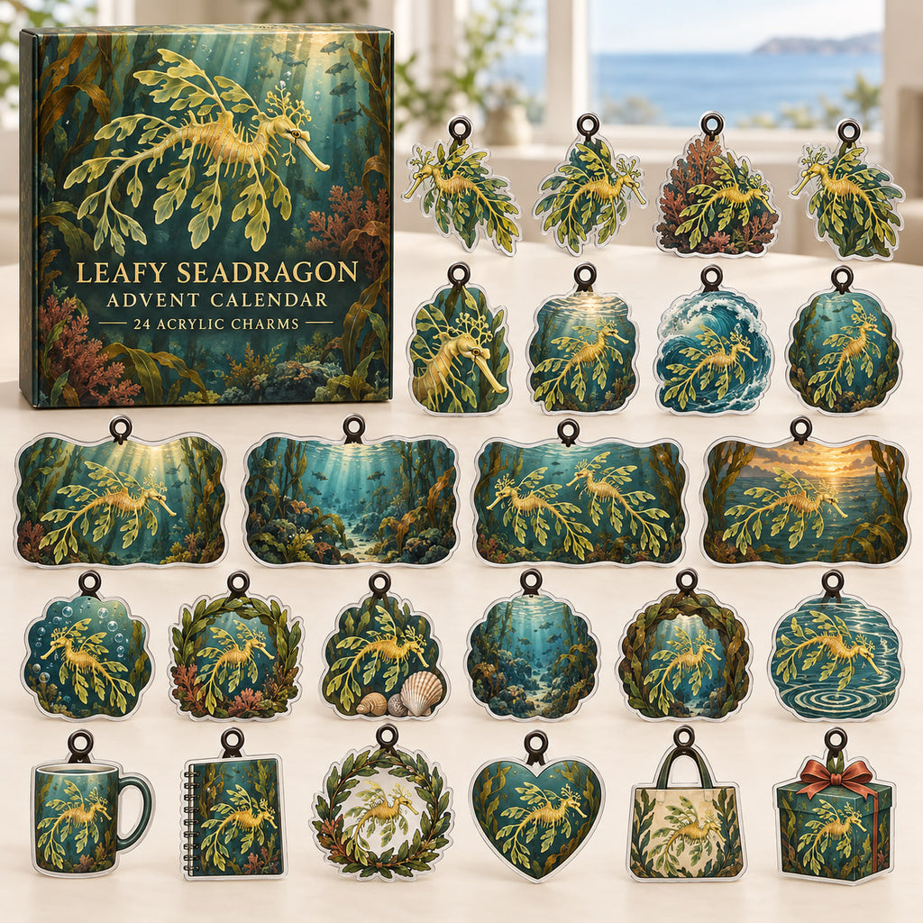 Leafy Seadragon advent calendar box with 24 themed flat printed acrylic charms