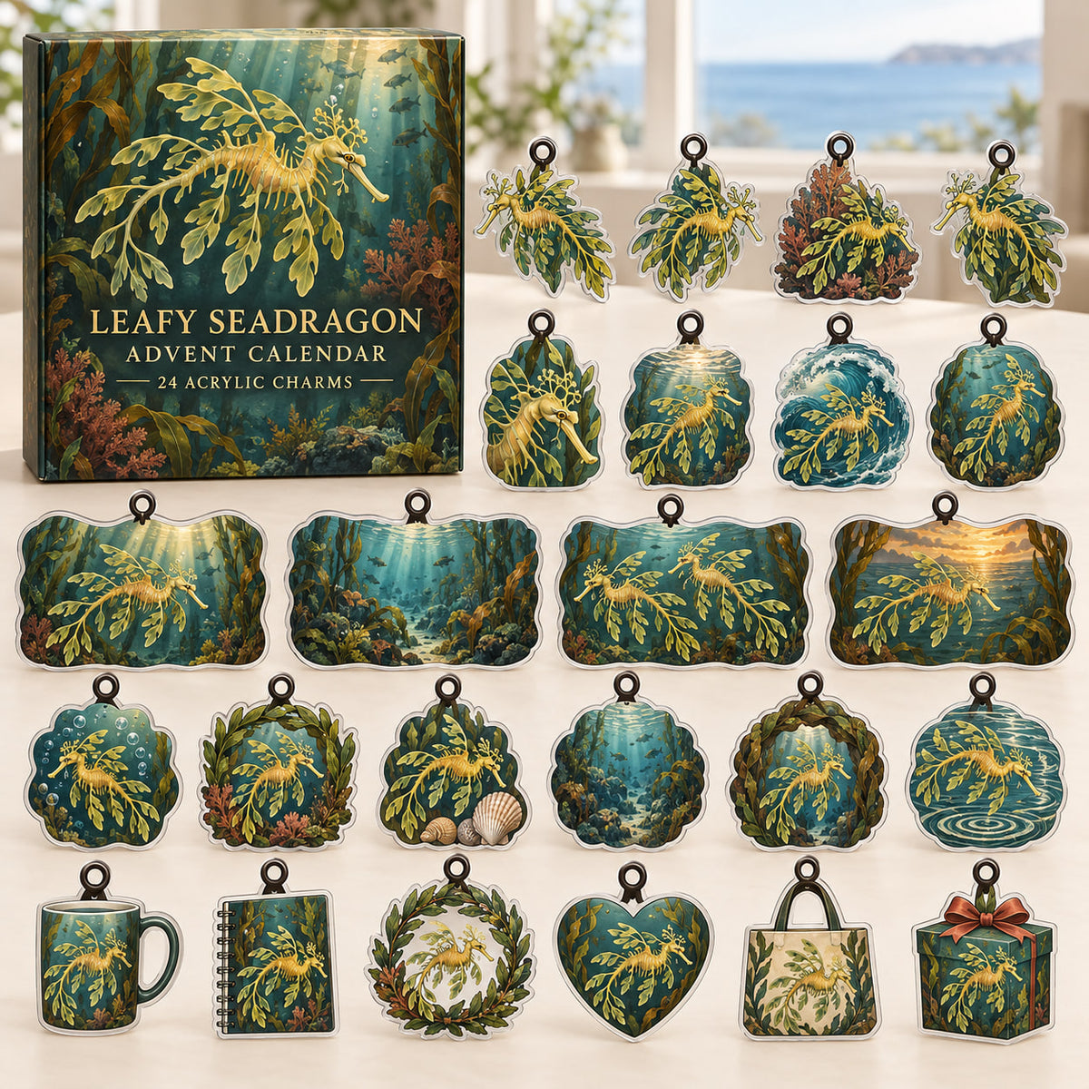 Leafy Seadragon advent calendar box with 24 themed flat printed acrylic charms
