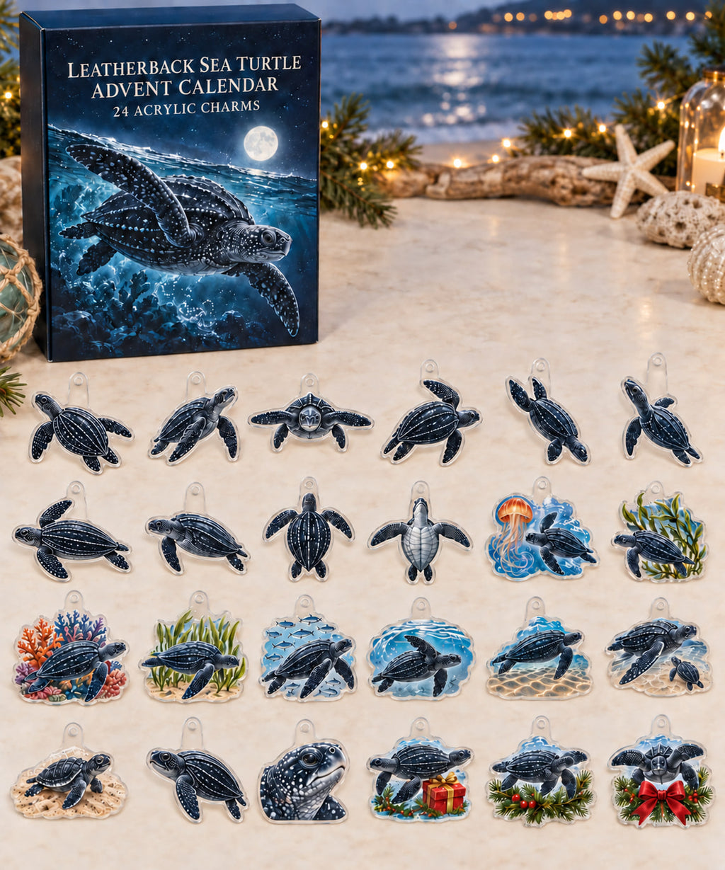 Leatherback Sea Turtle advent calendar with 24 custom-shaped flat acrylic charms and printed dimensional artwork