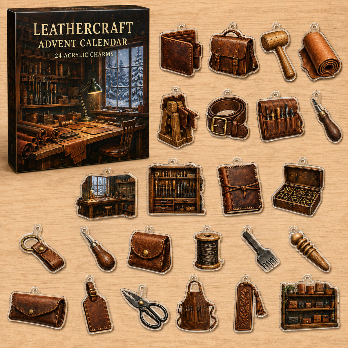 Leathercraft printed advent calendar box and 24 varied acrylic charms