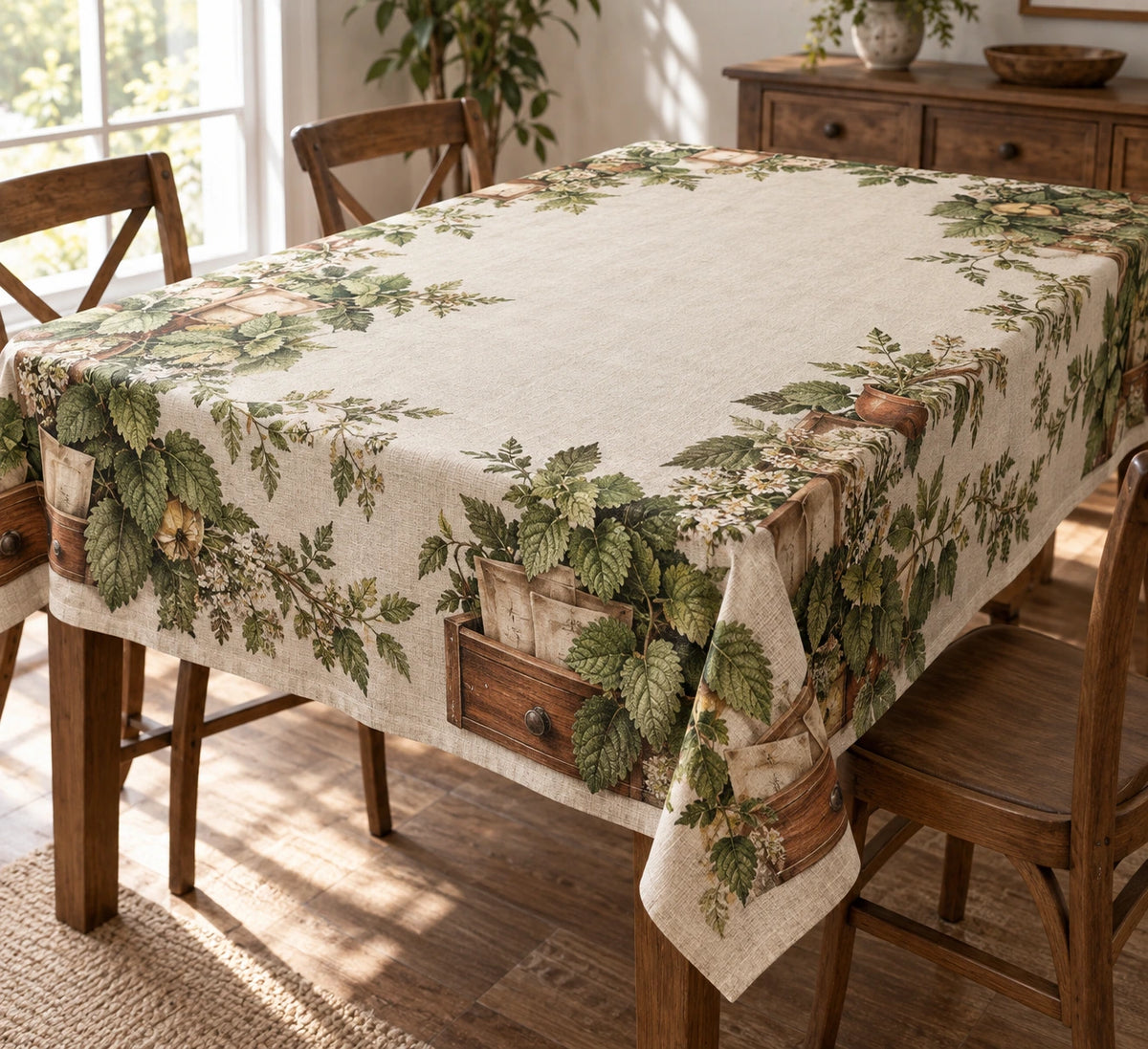 Lemon Balm Apothecary Drawer Tablecloth with printed dimensional artwork