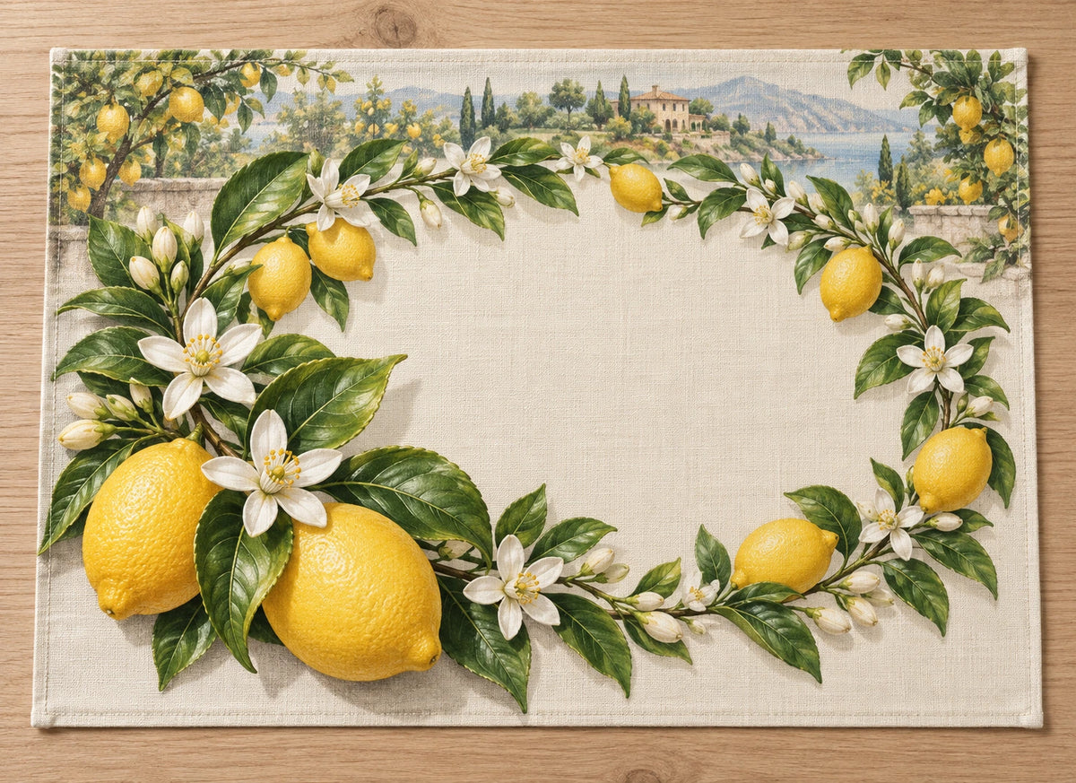 Lemon Blossom Wreath Placemat with flat printed dimensional fruit artwork