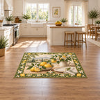 Lemon area rug with white blossoms, green leaves and printed dimensional shading