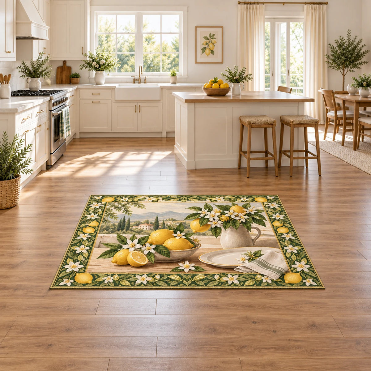 Lemon area rug with white blossoms, green leaves and printed dimensional shading