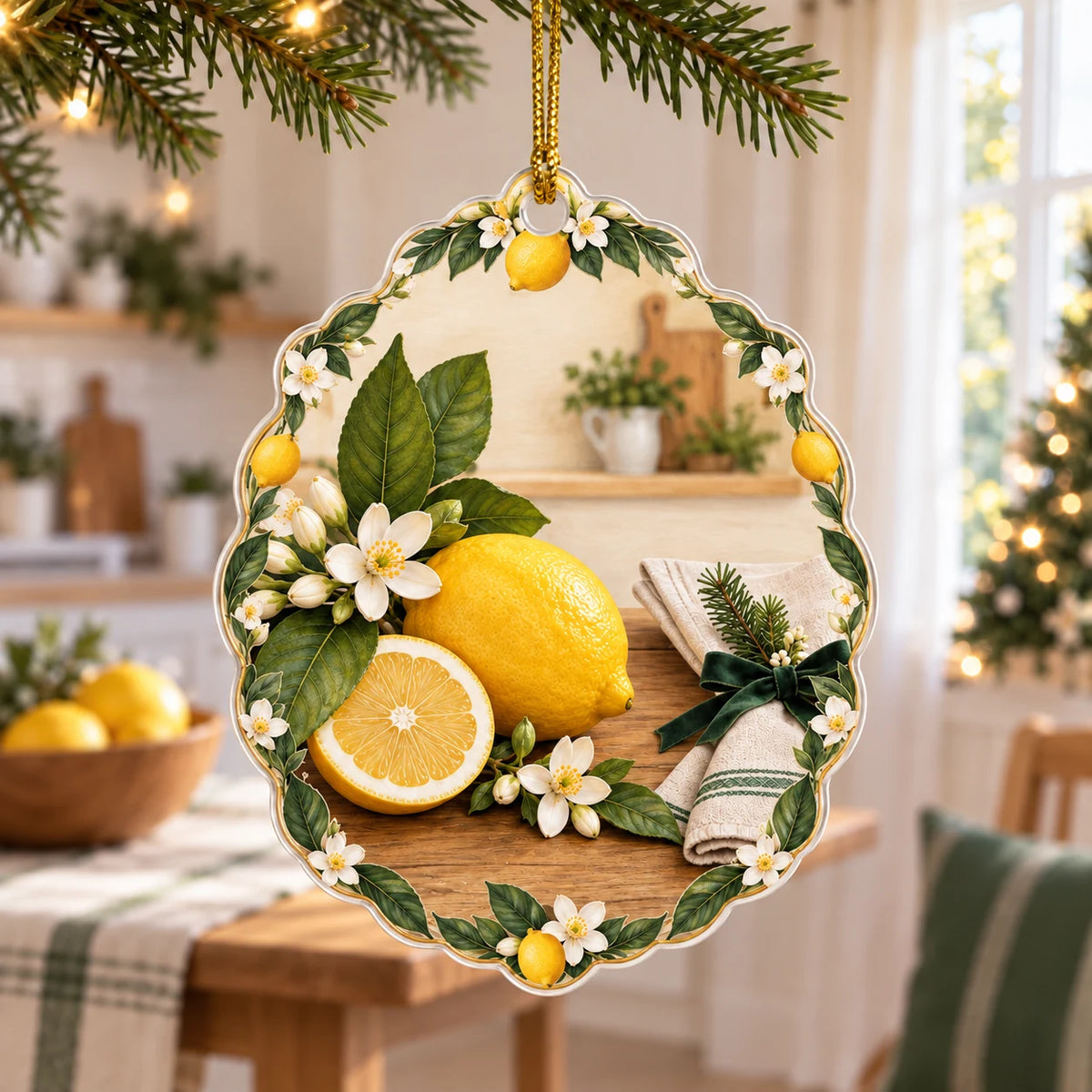 Lemon christmas ornament with white blossoms, green leaves and printed dimensional shading