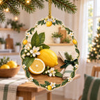 Lemon christmas ornament with white blossoms, green leaves and printed dimensional shading