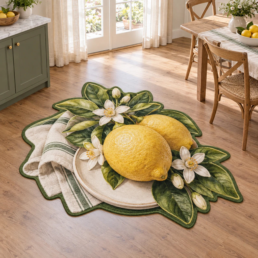 Lemon custom shape area rug with white blossoms, green leaves and printed dimensional shading