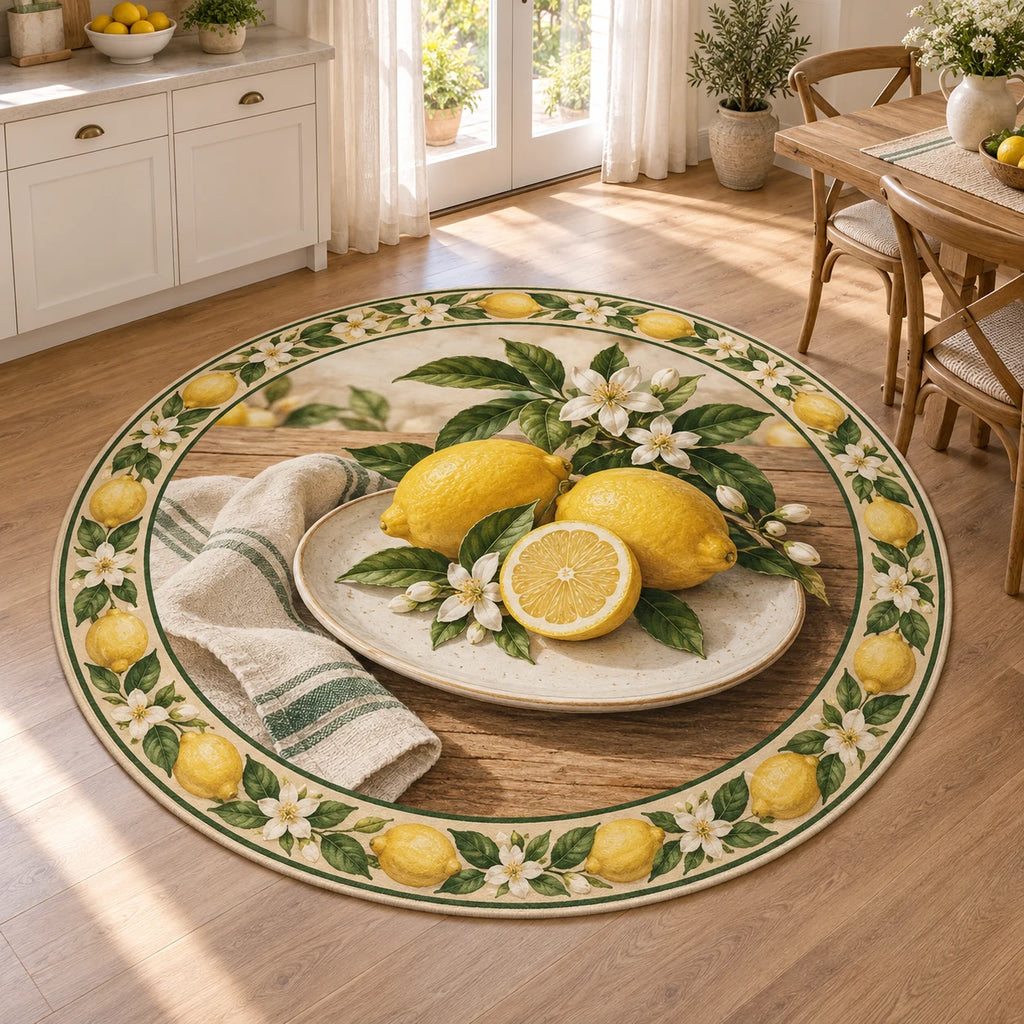 Lemon round mat rug with white blossoms, green leaves and printed dimensional shading