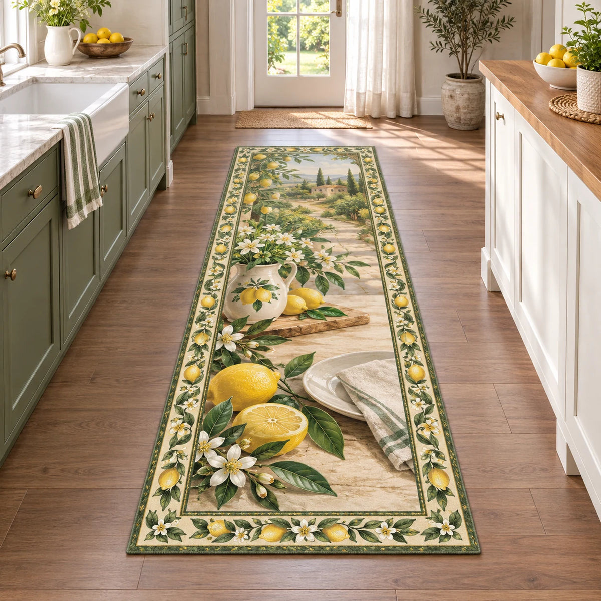 Lemon runner rug with white blossoms, green leaves and printed dimensional shading