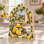 Lemon breakfast scene on a three-layer wooden block with white blossom frame
