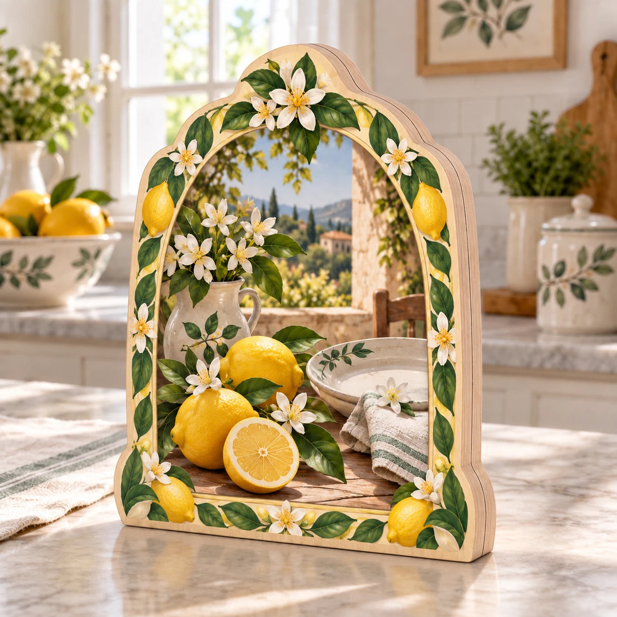 Lemon breakfast scene on a three-layer wooden block with white blossom frame