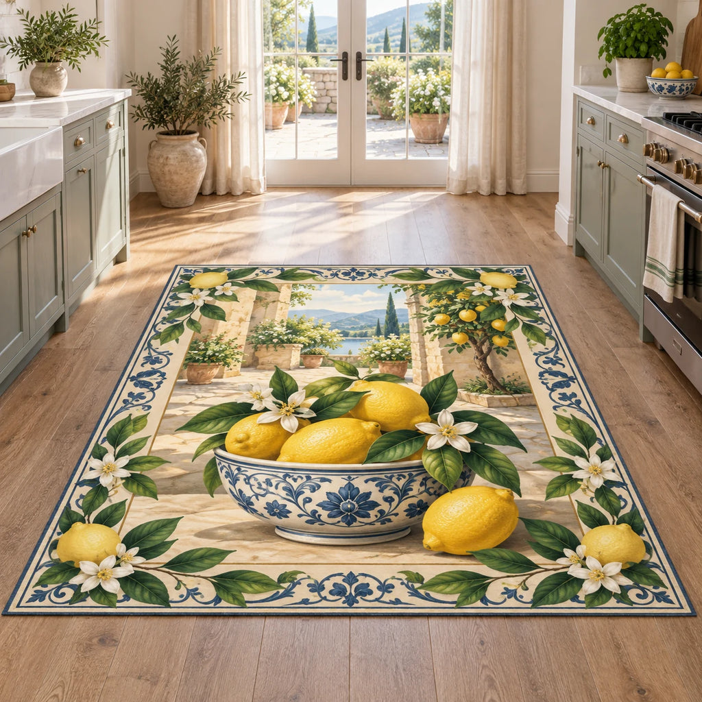 Rectangular rug with lemons in a blue-white bowl, white citrus flowers and a framed courtyard landscape.