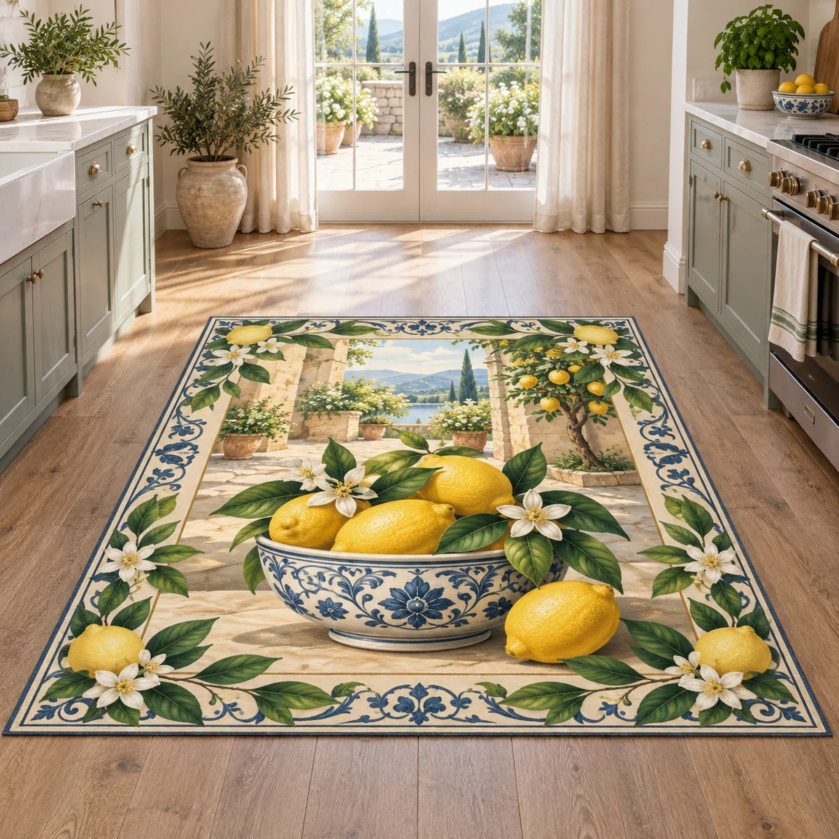 Rectangular rug with lemons in a blue-white bowl, white citrus flowers and a framed courtyard landscape.