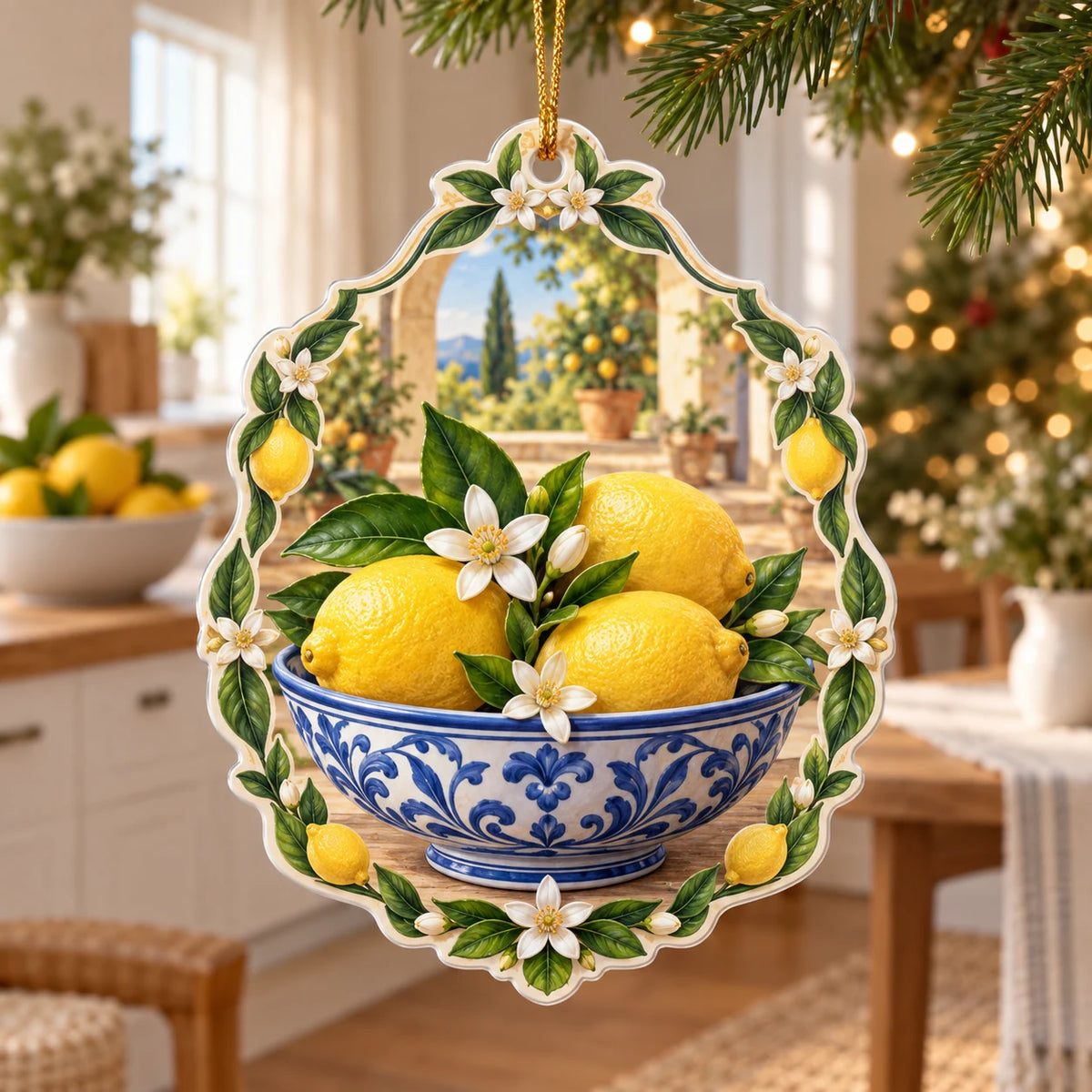 Flat acrylic ornament showing lemons in a blue-white bowl, citrus blossom frame and gold hanging cord.