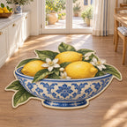 Custom shape rug showing lemons in a blue-white bowl with green leaves and white citrus blossoms.
